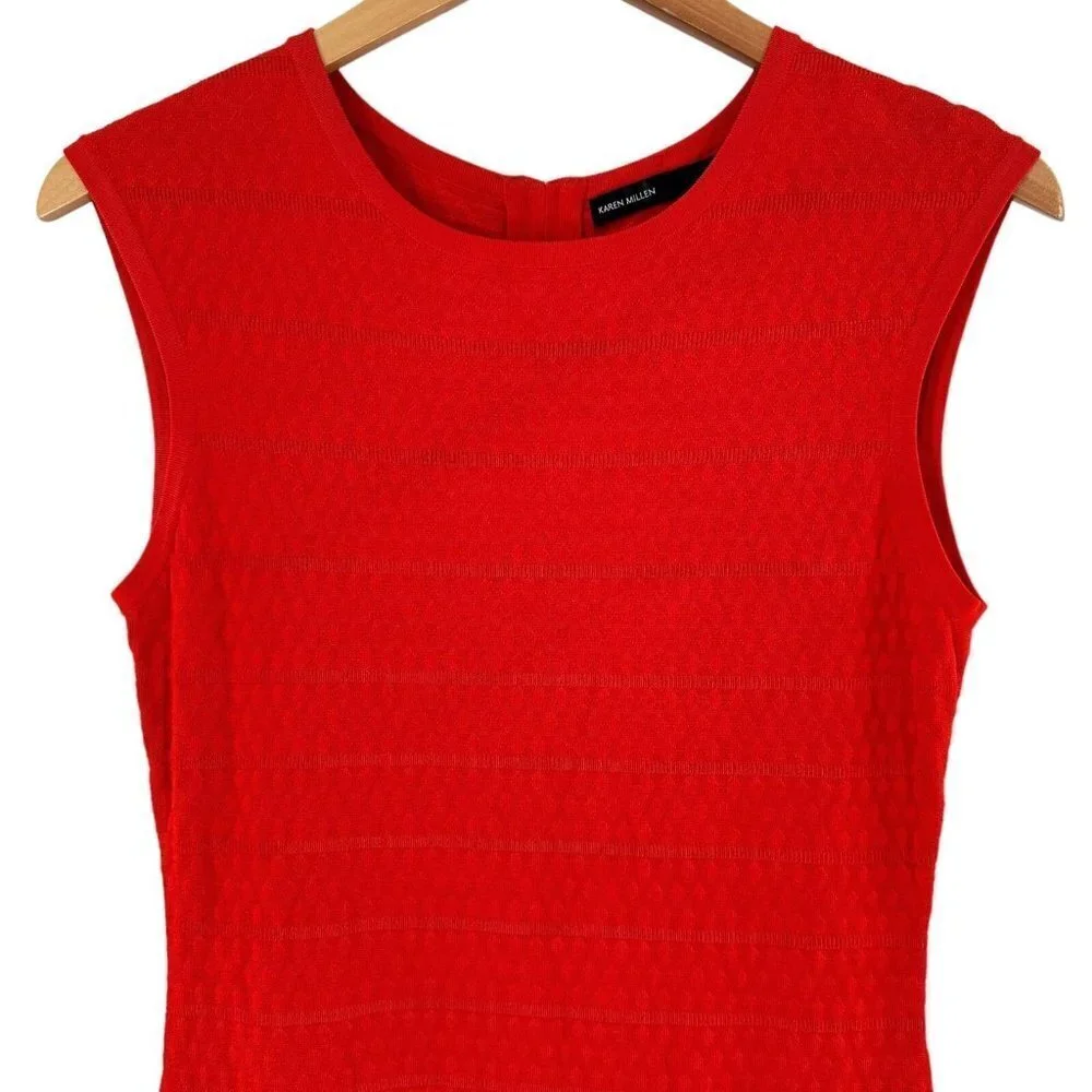 KAREN MILLEN Tomato Red Dot Texture Knit Sleeveless Sheath Dress Size 3/L